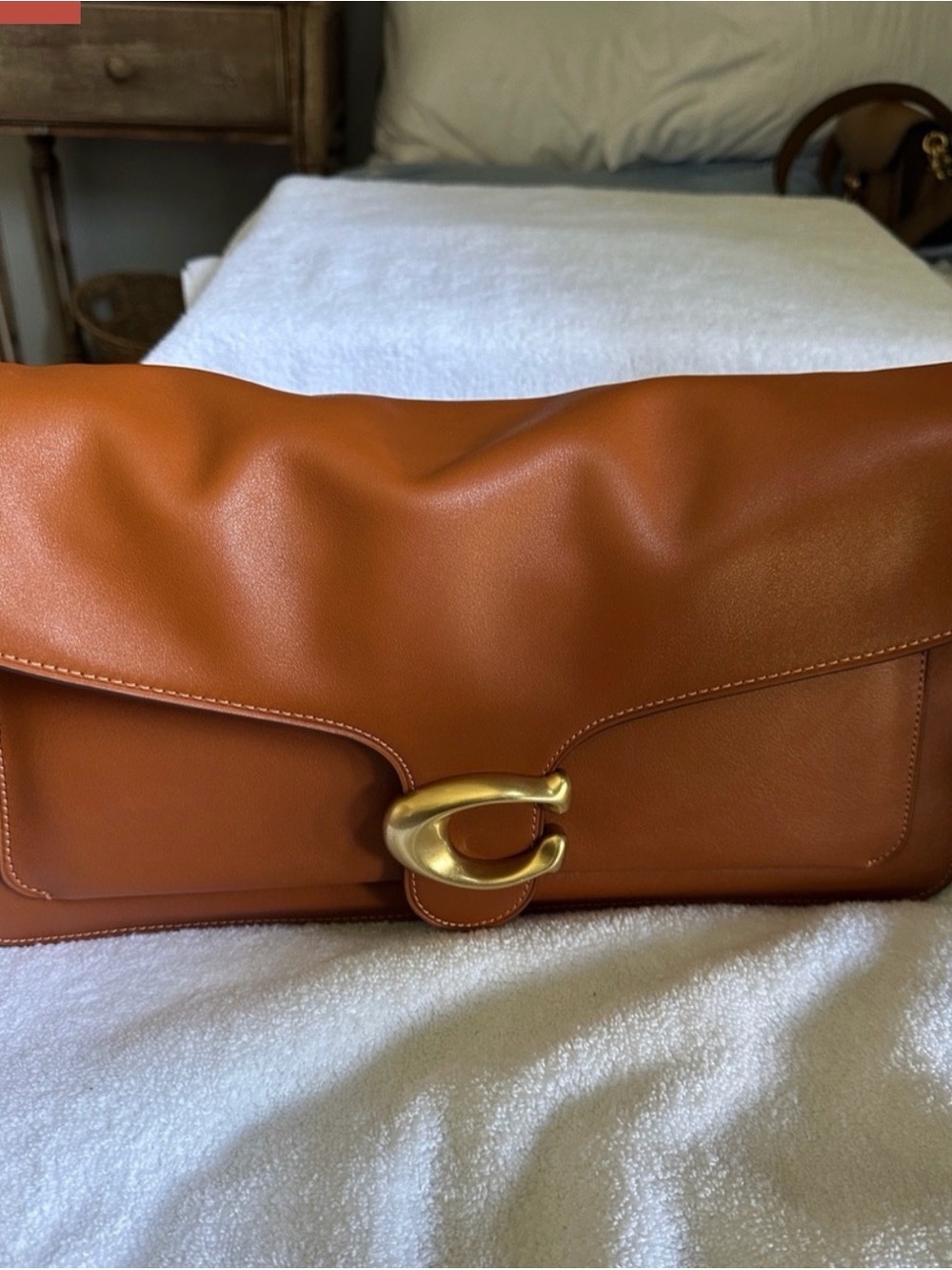 Coach Tan Leather Shoulder Clutch with Gold 'C' Turnlock